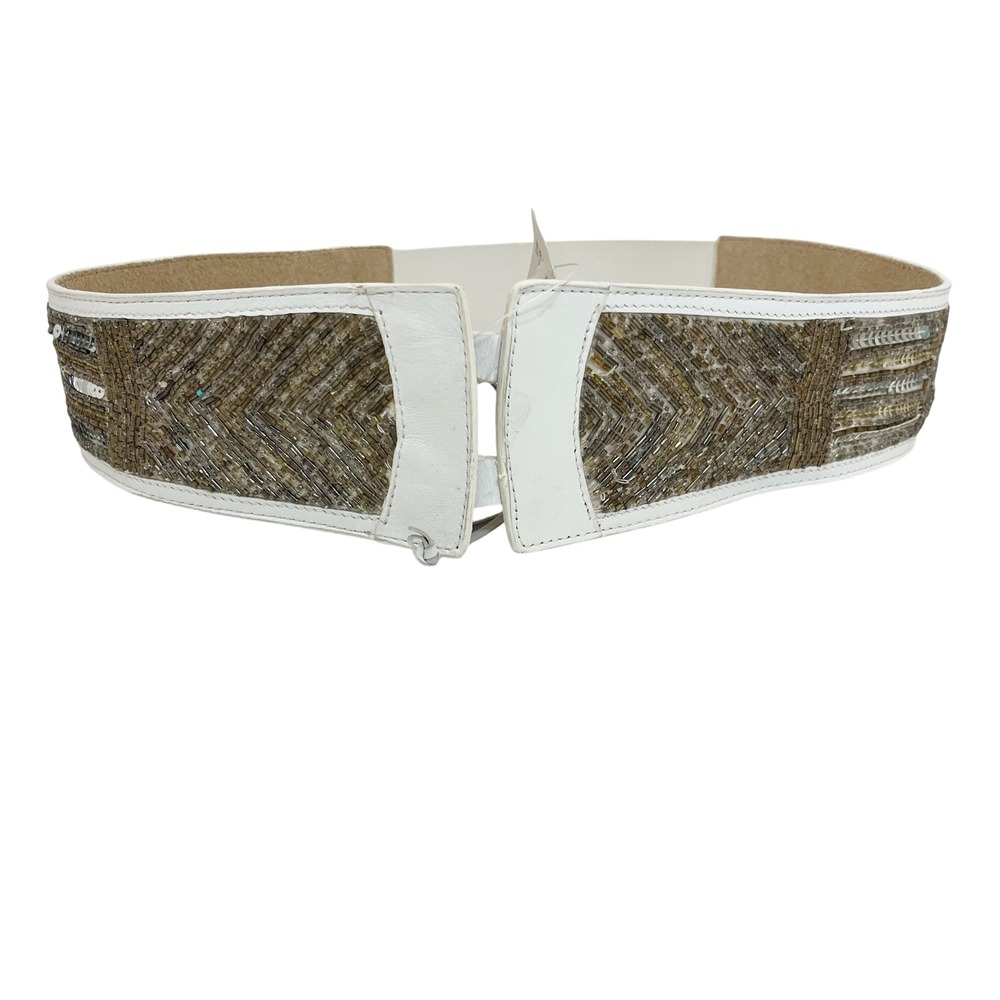 NEW Chicos White Leather Beaded Sequin Elastic Waist Belt Gold Silver - MEDIUM